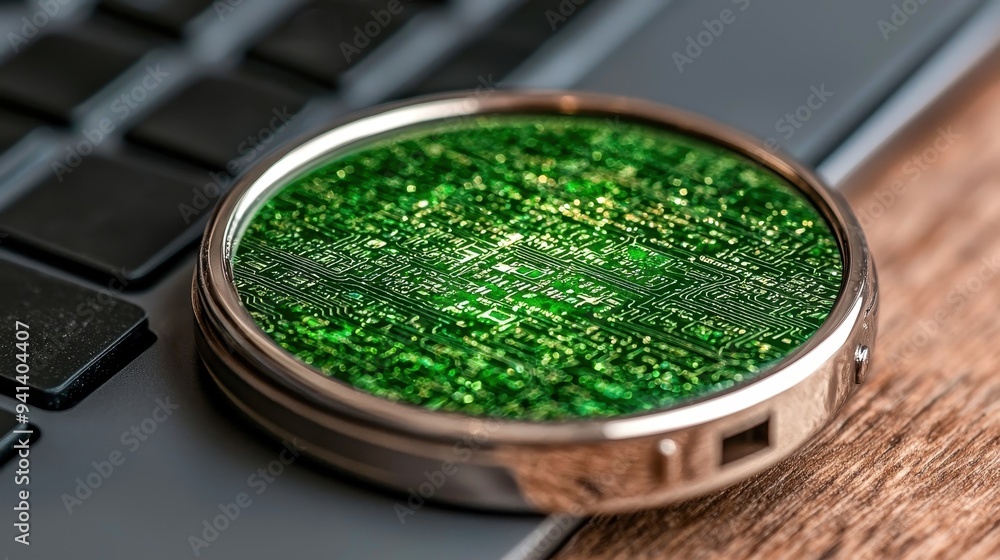 Aufkleber close-up view of a green circuit design on a metallic surface, resting on a laptop keyboard for a mo