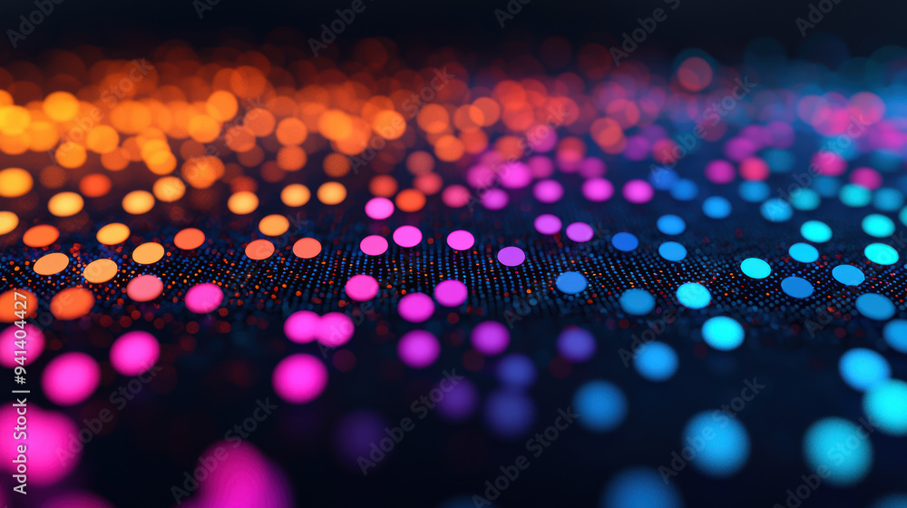 Poster vibrant abstract background featuring a dynamic array of colorful light dots on a dark surface, crea