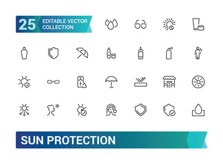Sun protection icon set. Containing sunglasses, sunscreen, sunblock, beach umbrella and more solid icons. Collection and pack of linear web and ui icons. Editable stroke. Vector illustration.