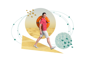 Banner artwork sketch collage pinup pop poster of cheerful positive man carry circle go sea shore beach isolated drawing background