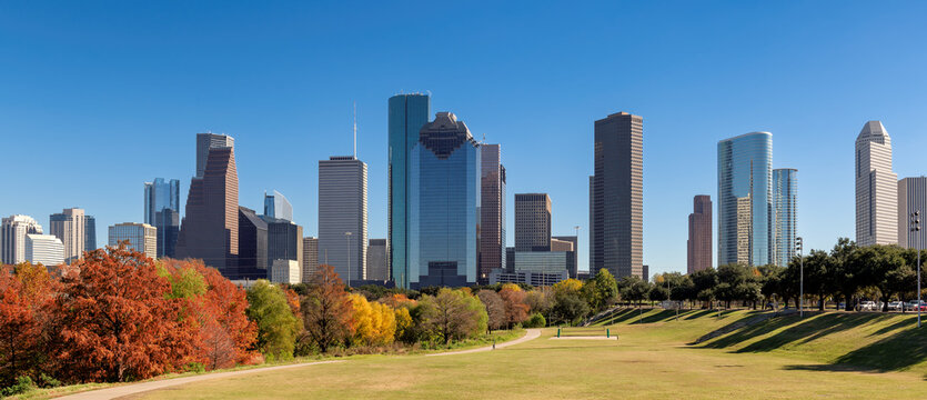 Panoramic view of Houston cityscape at sunny autumn day in Houston, Texas, USA.