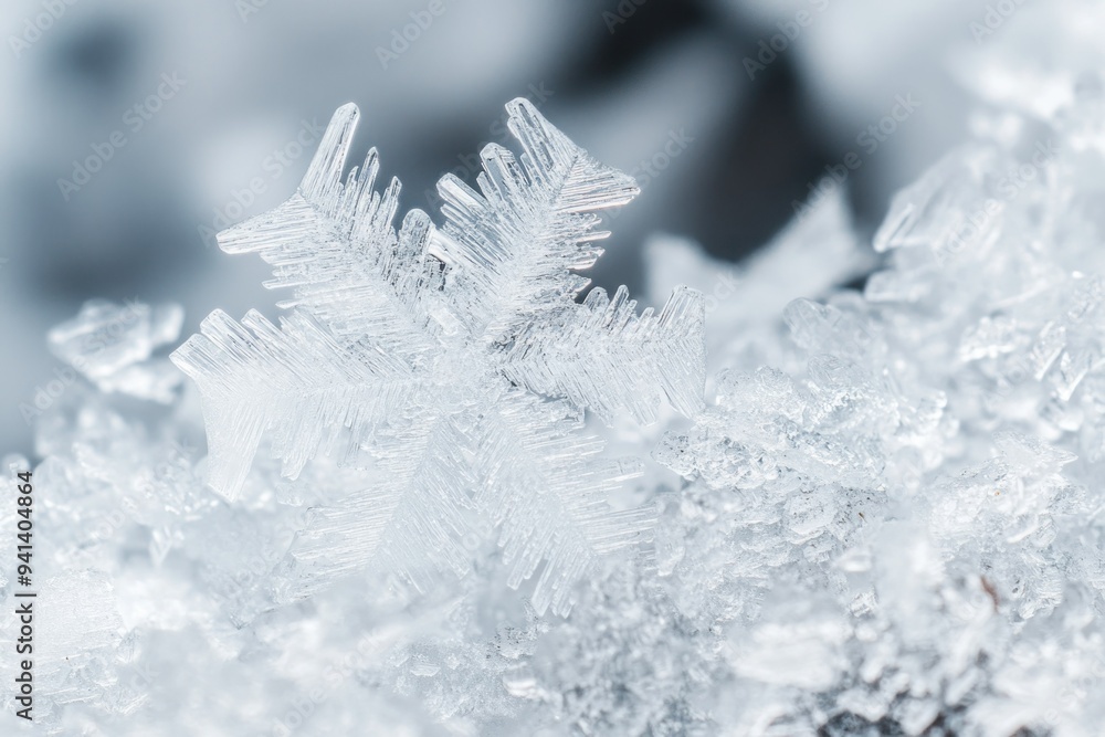 Poster close-up of a delicate snowflake on a snowy background
