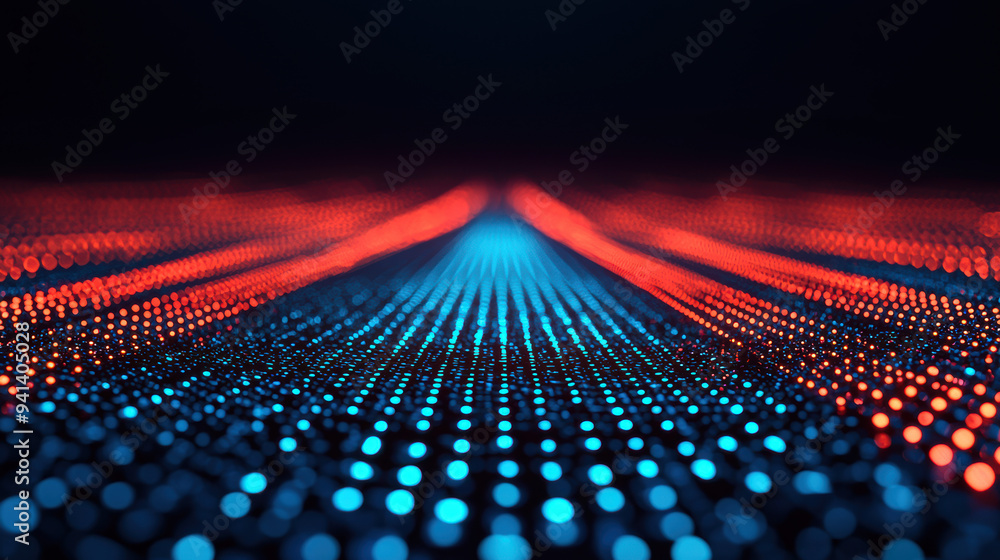 Poster a futuristic abstract light pattern of blue and red dots forming a wave pattern, creating a sense of