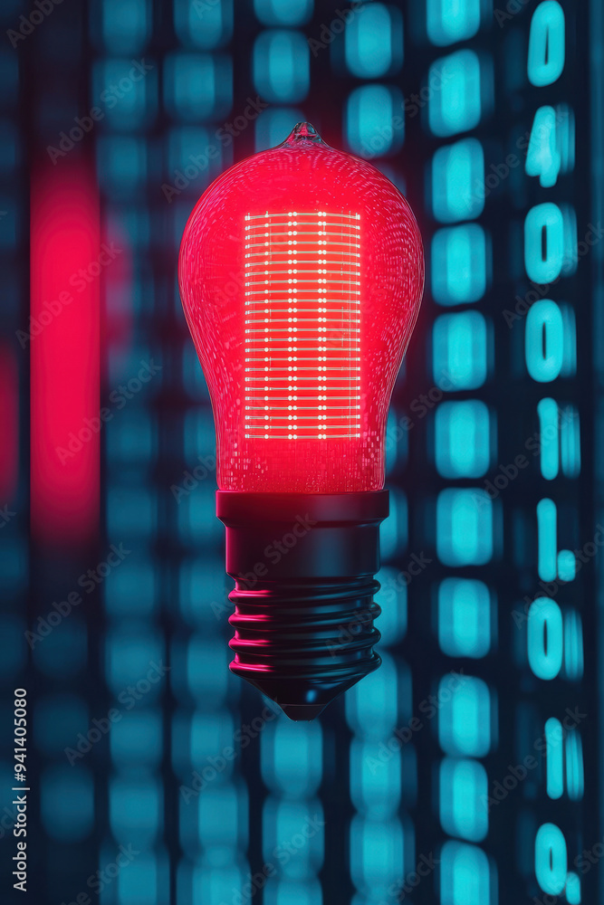 Poster a glowing red led light bulb against a background of illuminated binary code, symbolizing innovation