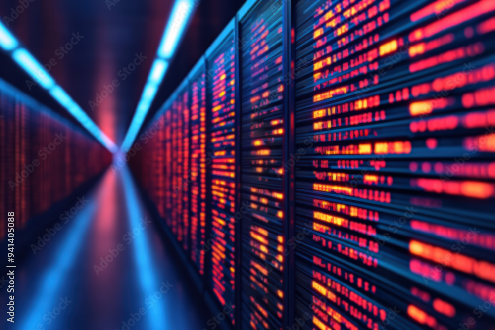 Poster a modern data center with illuminated servers showcasing lines of code, representing advanced techno