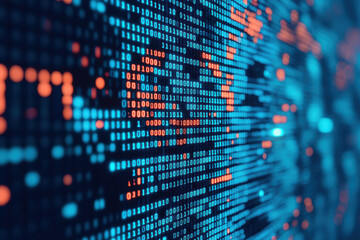 Obraz premium Abstract digital background with blue and orange binary code. Futuristic technology concept with glowing data streams and cyber patterns.