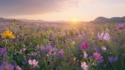 A field of wildflowers in varying shades of purple and yellow stretches out towards the horizon,