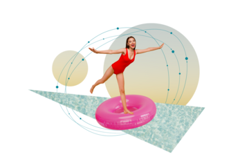 Picture collage photo image banner of positive cheerful girls open arms celebrate rejoice summer vacation isolated drawing background