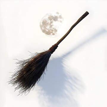3D Model of a Weathered Witch s Broomstick in Flight Against a Luminous Full Moon