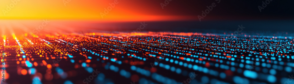 Poster abstract background with blue and orange glowing data grid lines, representing digital technology an