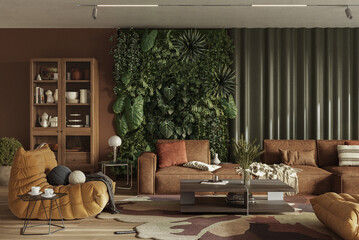 Vertical Green Wall in modern living room interior design, 3d render	
