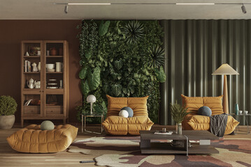 Vertical Green Wall in modern living room interior design, 3d render	
