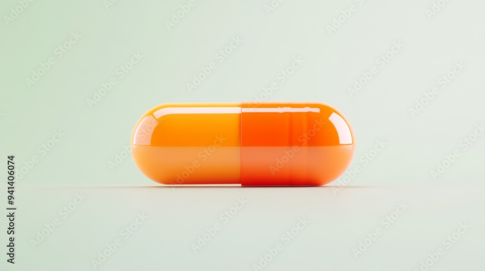 Poster a 3d simple style icon of a glossy orange pill with a reflective surface and a faint shadow isolated