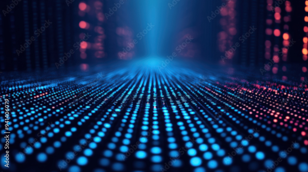 Poster abstract digital background with blue and red glowing dots, representing technology, data, and futur