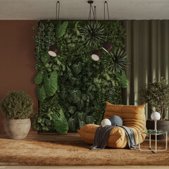 Vertical Green Wall in modern living room interior design, 3d render	
