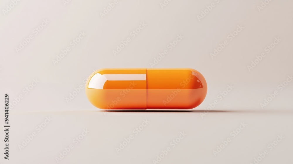 Poster a 3d simple style icon of a glossy orange pill with a reflective surface and a faint shadow isolated