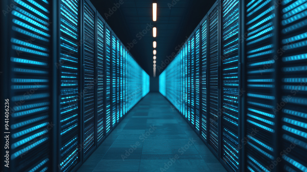 Poster a futuristic data center hallway with blue illuminated server racks, showcasing advanced technology 