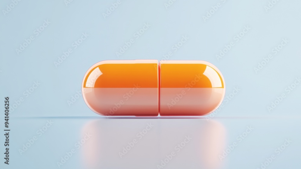 Poster a 3d simple style icon of a glossy orange pill with a reflective surface and a faint shadow isolated