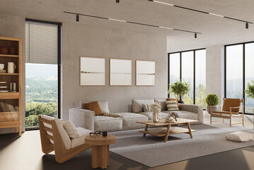 Modern home interior with polished concrete walls and cozy furniture. Interior mockup, 3d rendering	