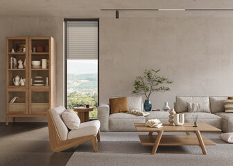 Modern home interior with polished concrete walls and cozy furniture. Interior mockup, 3d rendering	