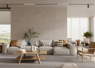 Modern home interior with polished concrete walls and cozy furniture. Interior mockup, 3d rendering	
