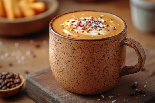 A salted caramel latte with a swirl of caramel and a sprinkle of sea salt, served in a rustic ceramic mug,