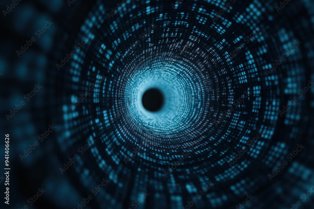 Poster a mesmerizing digital tunnel made of glowing blue binary code, illustrating data transmission, cyber