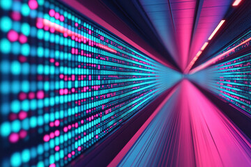 A futuristic tunnel with vibrant pink and blue neon lights creating a digital, high-tech atmosphere, representing innovation and modern technology.