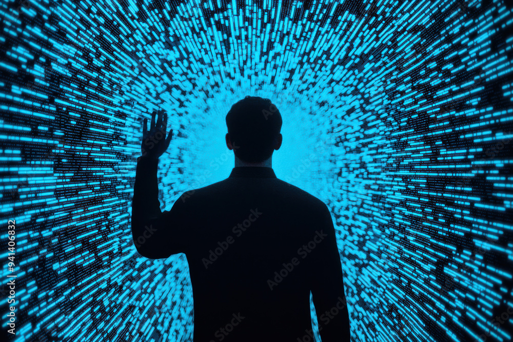 Poster silhouette of person standing in front of a digital data stream, depicting technology, innovation, a