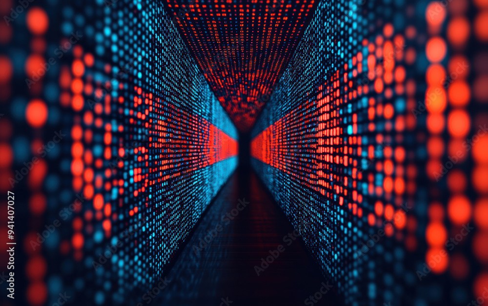 Poster abstract digital tunnel with vibrant blue and red lights, creating a sense of depth and futuristic t