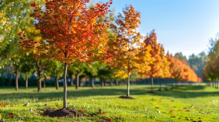 Naklejka premium Vibrant Autumn Landscape with Colorful Trees in a Sunlit Park