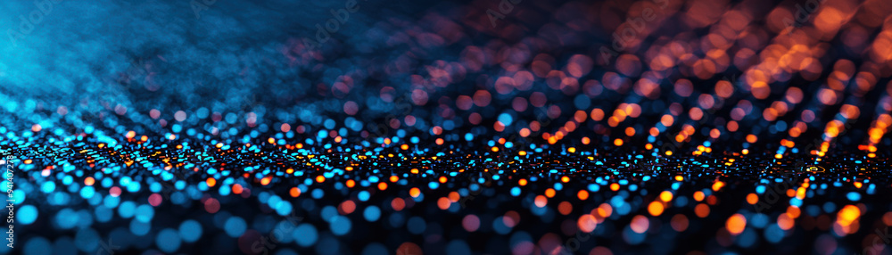 Poster abstract close-up of vibrant, colorful bokeh lights on a dark surface, creating a magical and festiv