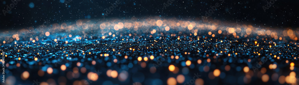Poster mesmerizing abstract image with bokeh lights in blue and orange, creating a magical and dreamy atmos