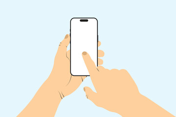 Hands holding a smartphone, empty screen, finger touch, phone screen template.