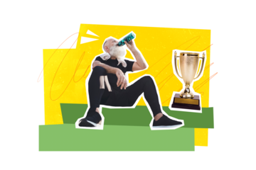 Image picture poster collage of sportive elderly man after training sitting after crossfit challenge isolated drawing background
