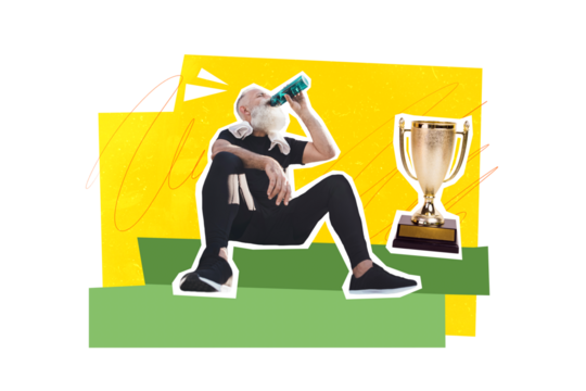 Image picture poster collage of sportive elderly man after training sitting after crossfit challenge isolated drawing background - Powered by Adobe