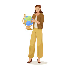 Female teacher holding a globe, smiling. Cartoon style on a white background. Represents education, geography, school, and teaching. Vector illustration