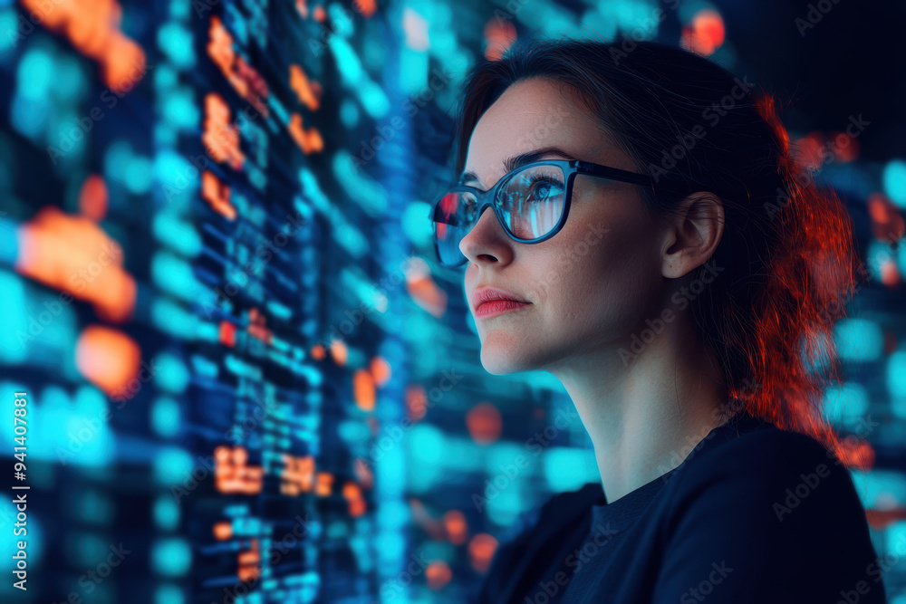 Aufkleber focused young woman in glasses analyzing data on multiple computer screens, representing technology 