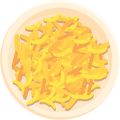 Grated cheese is lying on plate, dairy product for cooking