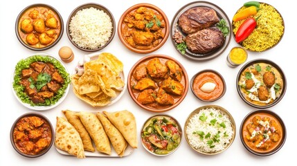 Ramadan iftar food set collection isolated on white background. Assorted of Arabic and Indian foods. top view, close up. Indian and Pakistani many food set. samosas, chicken curry, steak, kebab, naan