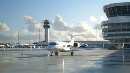 Fototapeta na wymiar Depict a private jet taxiing on the tarmac, with a luxury airport terminal and a busy air traffic control tower in the background