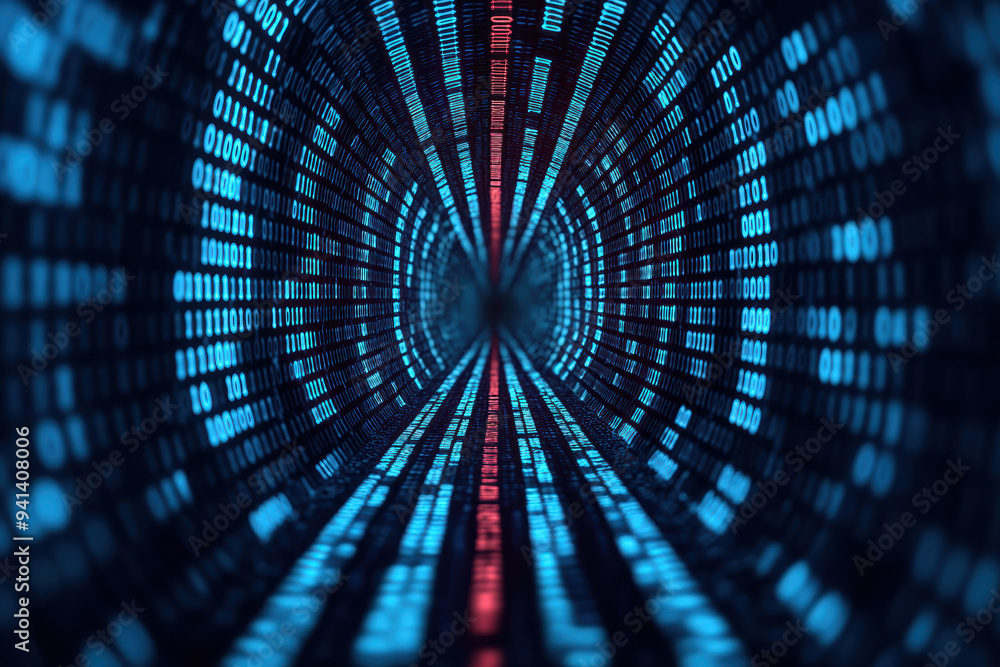 Poster futuristic digital data tunnel with binary code, blue and red glowing lines illustrating technology,