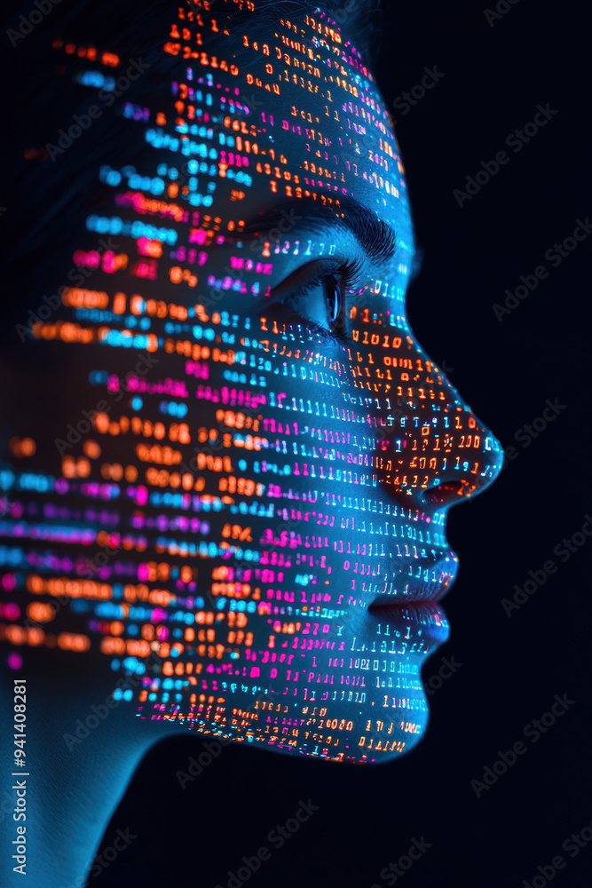 Poster close-up of a human face illuminated by colorful digital code lines, symbolizing technology, data an