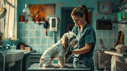 A woman sits at a table, holding a dog with a friendly expression