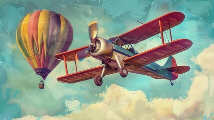 Depict a propeller plane in mid-air with a colorful hot air balloon floating nearby, creating a lively and whimsical scene
