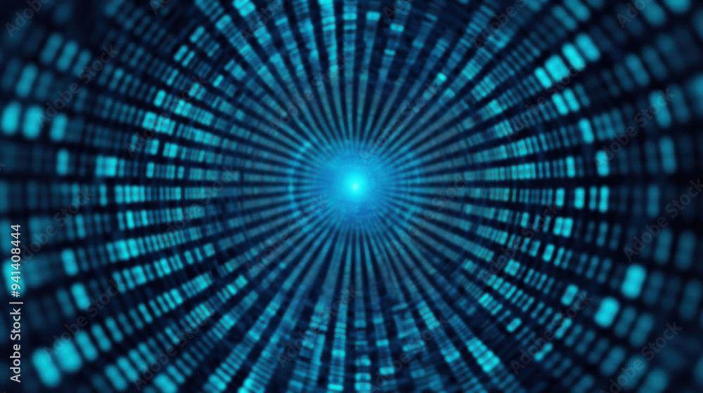 Poster abstract blue digital tunnel with light at the center, representing data flow or futuristic technolo