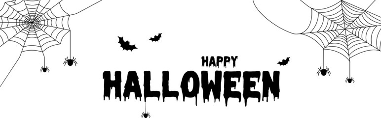 Happy Halloween inscription with web and spiders around and bats. Inscription for greeting cards, posters, banners, flyers and invitations. Text Happy Halloween, festive background