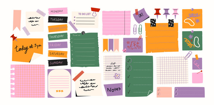 Set of cartoon papers notes, office forms. Sticky stickers reminders, notebook clippings, to-do list, to-do list, school stationery, planner, reminders on paper. Vector set of patches in retro doodle 