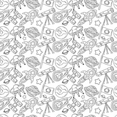Space seamless pattern with planet, rocket, telescope, ufo isolated on white background. Outer space elements vector illustration