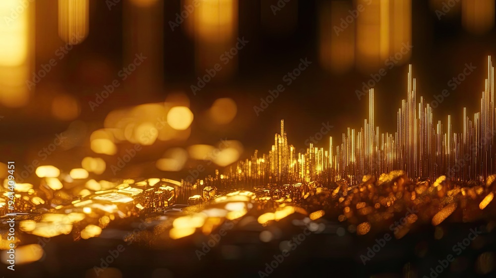 Poster a stunning abstract representation of sound waves, showcasing golden hues and intricate patterns tha